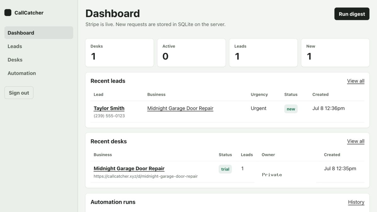CallCatcher after-hours desk and CRM preview